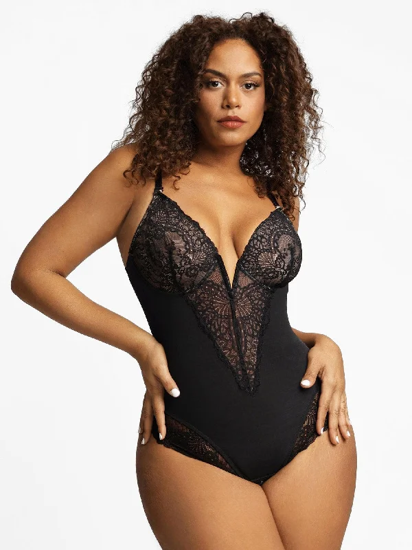 Shapewear Lace Deep V-Neck Sculpting Thong Bodysuit