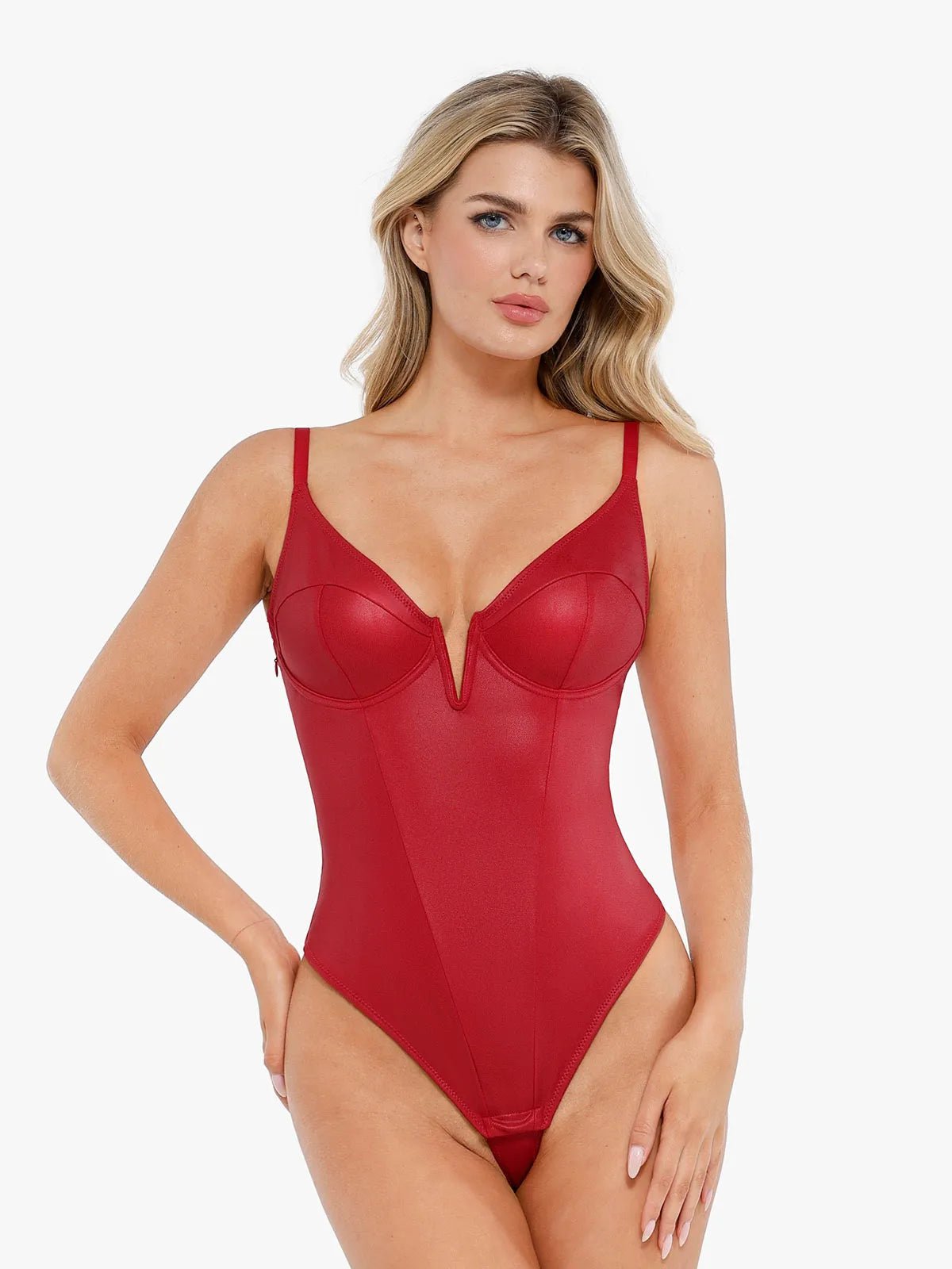 Shapewear Faux Leather Plunging V Sculpting Corset Bodysuit