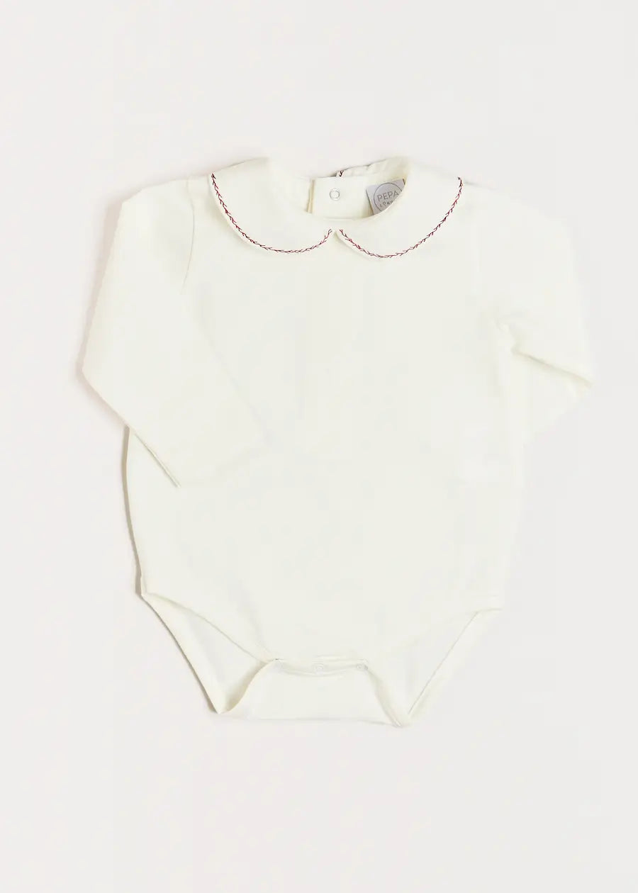 Embroidered Peter Pan Collar Long Sleeve Bodysuit in Burgundy (1mth-3yrs)