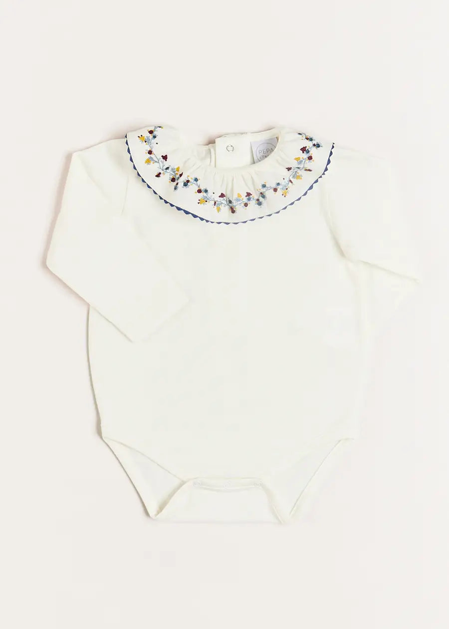 Floral Embroidered Collar Long Sleeve Bodysuit in Blue (1mth-3yrs)