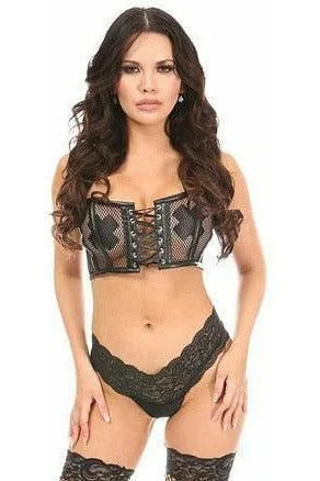 Lavish Black Fishnet & Faux Leather Lace-Up Short Bustier Top