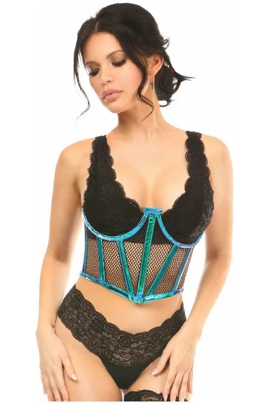 Lavish Blue/Teal Holo & Fishnet Underwire Waist Cincher Corset