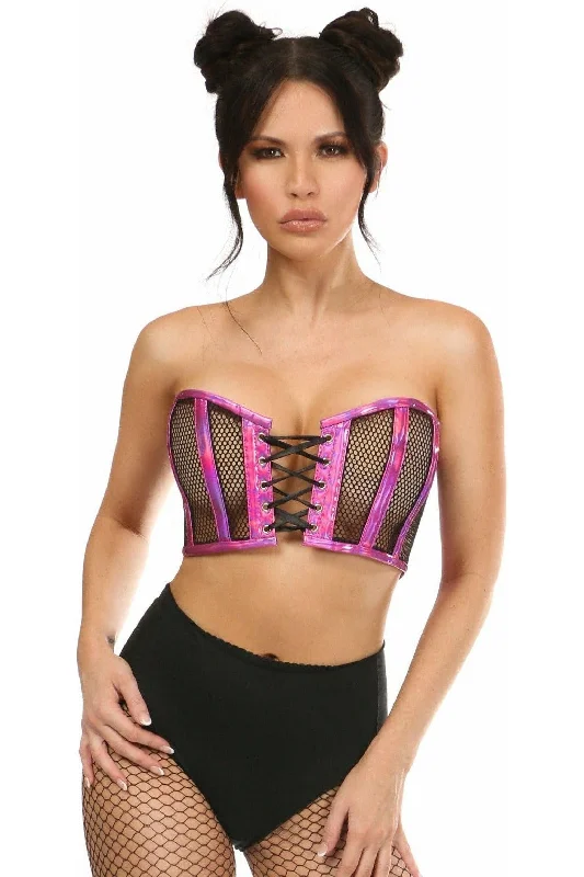 Lavish Fuchsia Holo & Fishnet Lace-Up Short Bustier Top