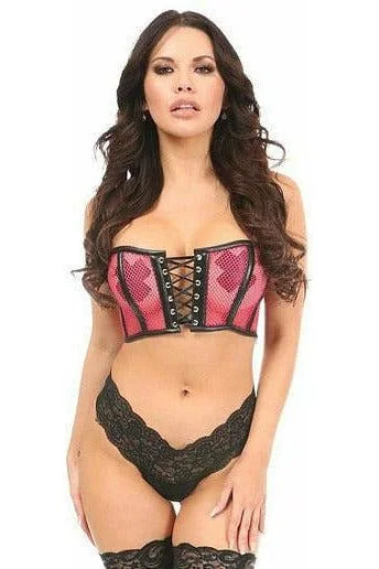 Lavish Hot Pink Fishnet & Faux Leather Lace-Up Short Bustier Top