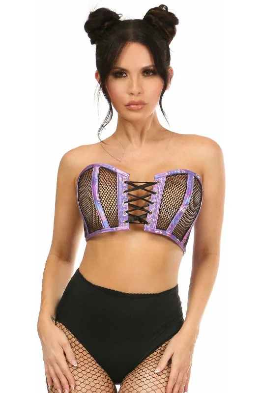 Lavish Purple Holo & Fishnet Lace-Up Short Bustier Top