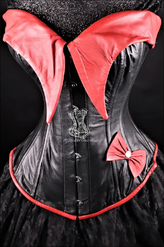 Leather Overbust Corset; Pin-Up Girl in Black with Red