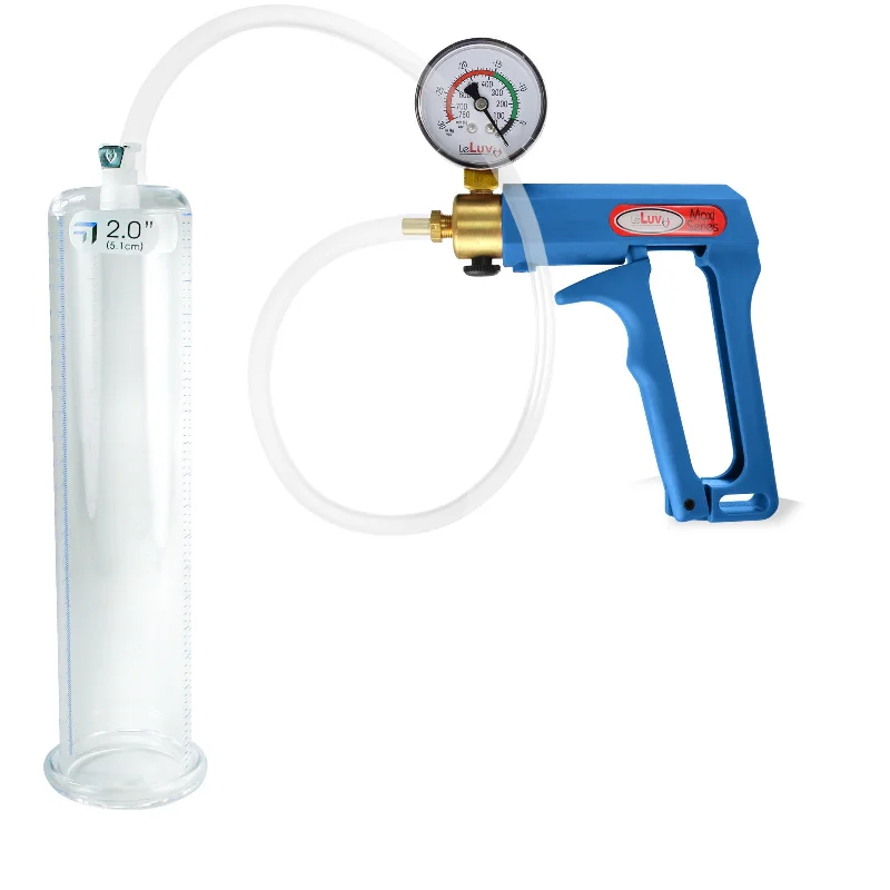 LeLuv Maxi Blue Penis Pump Clear Hose | Gauge/Protected Gauge | Round Flange Cylinder