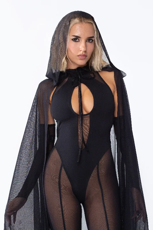 Lilith Mesh Sleeveless Romper + Hooded Mesh Cape