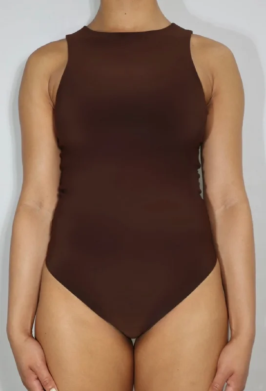 Racer Neck Double Layer 'ELR' Bodysuit - Chocolate Brown