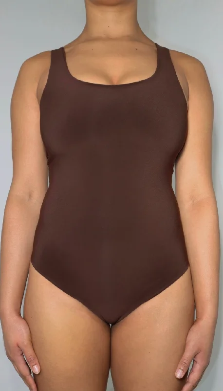 Scoop Neck Plunge Sleeveless 'Joy' Bodysuit - Chocolate Brown