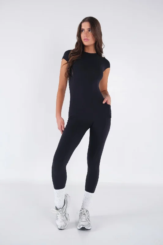 Short Sleeve Full Pocket Bodysuit - Black