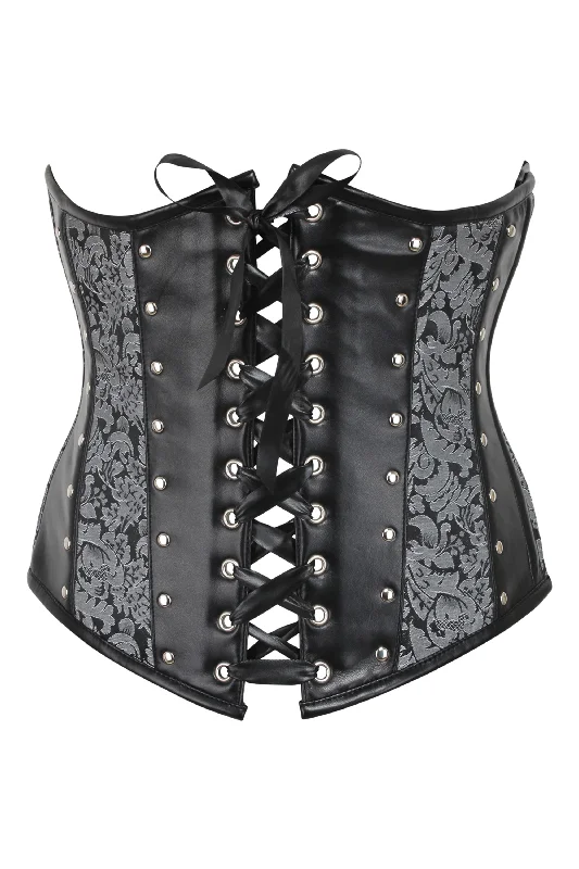 Silver Brocade & PVC Underbust Corset with Front & Rear Closure