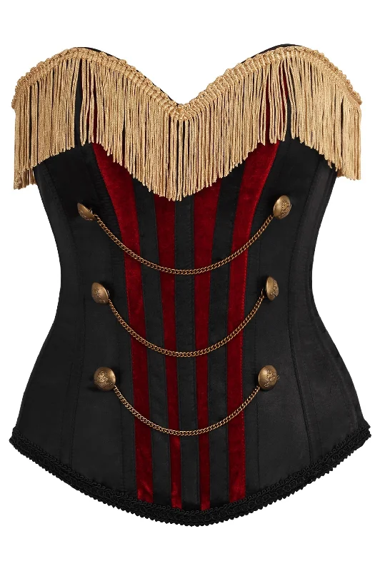 Top Drawer Burlesque Black/Dark Red Steel Boned Corset w/Gold Fringe