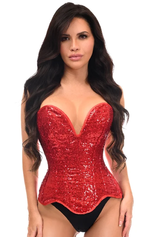 Top Drawer Steel Boned Red Sequin Plunge Neckline Overbust Corset