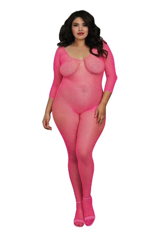 Long Sleeve Neon Pink Open Crotch Bodystocking